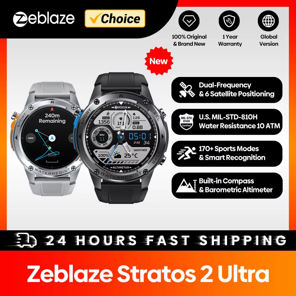 Stratos 2 Ultra GPS Smart Watch - Advanced Dual-Band GNSS, Built-In Compass, Barometric Altimeter & Voice Calling - 10 ATM Water Resistant