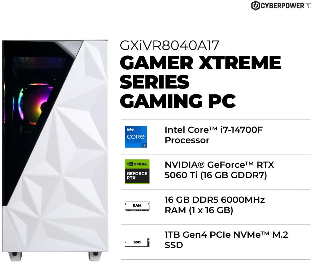 Gamer Xtreme VR Gaming PC, Intel Core I7-14700F 2.1Ghz, Geforce RTX 5060 Ti 16GB, 16GB DDR5, 1TB Pcie 4.0 SSD, Wifi Ready & Windows 11 Home (Gxivr8040A17)