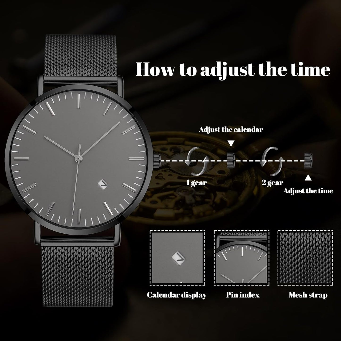Mens Watches Sleek Minimalist Analog Quartz Waterproof Watches for Men, Stainless Steel Mesh Band Men'S Wrist Watch with Auto Date