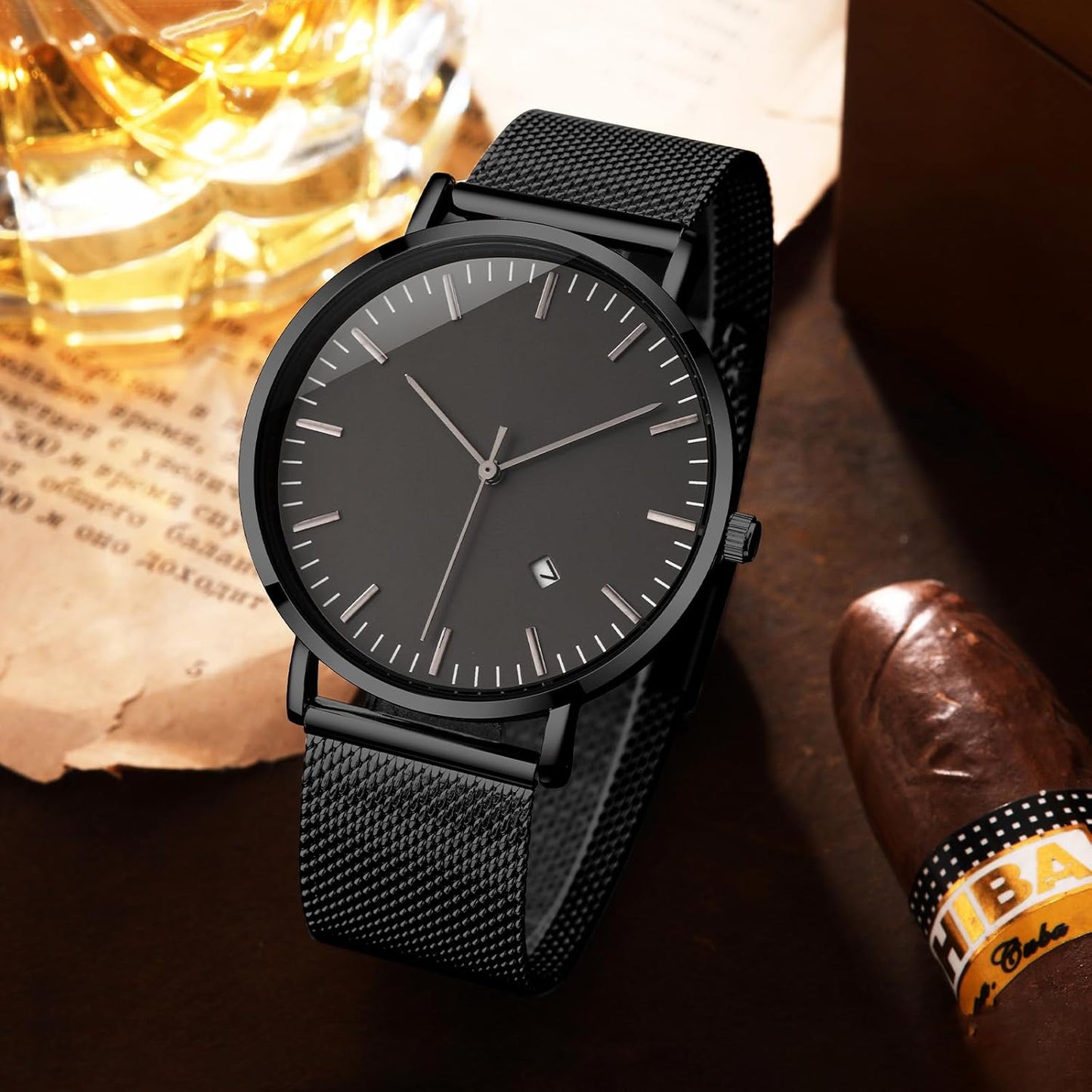 Mens Watches Sleek Minimalist Analog Quartz Waterproof Watches for Men, Stainless Steel Mesh Band Men'S Wrist Watch with Auto Date