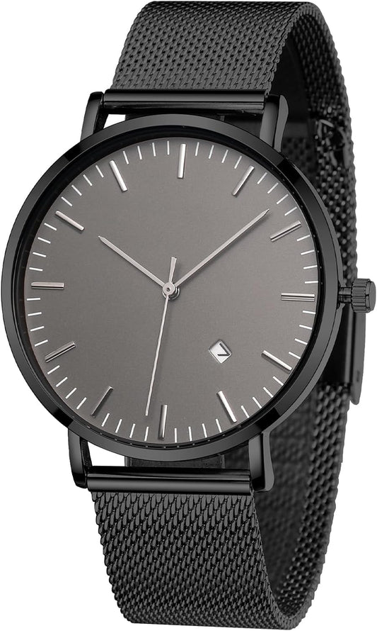 Mens Watches Sleek Minimalist Analog Quartz Waterproof Watches for Men, Stainless Steel Mesh Band Men'S Wrist Watch with Auto Date